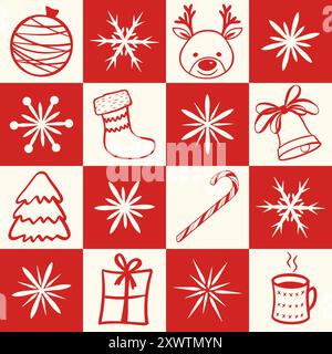 Nahtloses Vektormuster mit Weihnachts-Cheater-Steppdecke, Neujahrsflickwerk mit Hirsch, Zuckerrohr. Vektorabbildung Stock Vektor