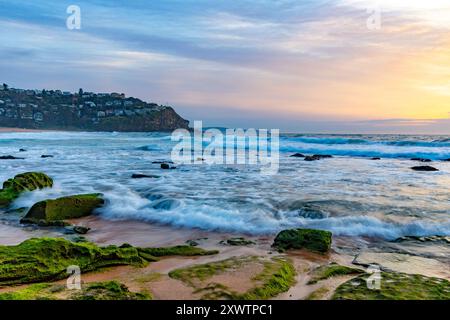 Sonnenaufgang über Sydney, Whale Beach in Sydney Northern Beaches Gegend, Sonnenaufgang über dem Ozean mit Algenmoosfelsen im Vordergrund, Sydney, NSW, Australien Stockfoto