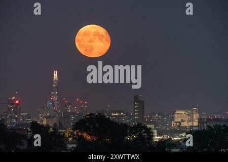 London, Großbritannien. August 2024. Wetter in Großbritannien: Sturgeon Blue Supermoon (abnehmendes Gibbous) erhebt sich am Dienstagabend in der Nähe des Shard Wolkenkratzers über der Stadt mit 99 %. Traditionell als Sturgeon Moon bezeichnet, weil der Riesenstörer der Großen Seen und des Lake Champlain in in dieser Sommerhälfte am leichtesten gefangen wurde“, so der Almanach des Almanachs. Guy Corbishley/Alamy Live News Stockfoto