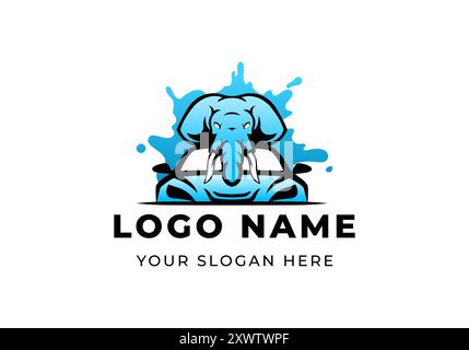 Logo Car und Elephant Cartoon. Logo modern, minimalistisch, Logo Reinigungsservice. Bearbeitbare Datei Stock Vektor