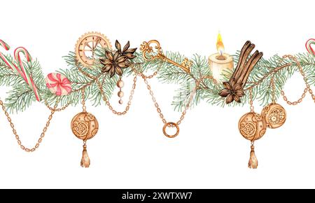 Tannenzweig mit Silvester Eisenkugeln im Steampunk-Stil, Kette, Süßigkeiten, Zimt, horizontale Aquarellillustration mit Uhrenmuster. Isoliert von Th Stockfoto