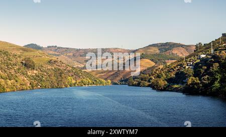 Landschaft des Flusses Douro oberhalb des Staudamms Régua in Portugal, mit dem Fluss im Vordergrund und den Hügeln mit Weinbergen im Hintergrund Stockfoto