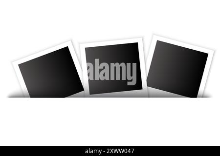 Drei schwarze Bilderrahmen. Geneigte überlappende Anordnung. Einfaches Schwarz-weiß-Design. Saubere Vektorkonstruktion. Stock Vektor