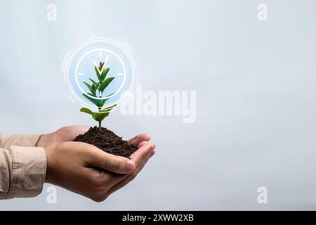 Eine Person hält eine Pflanze in der Hand, während die Pflanze aus dem Schmutz wächst. Das Bild hat eine Uhr im Hintergrund, was darauf hindeutet, dass die Zeit i ist Stockfoto