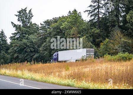 Großer Lkw-Auflieger mit verlängerter Fahrerkabine für den industriellen Langstreckenverkehr, violett, mit verlängerter Fahrerkabine für den Transport von Fracht im Kühlraum, Auflieger, der auf dem läuft Stockfoto