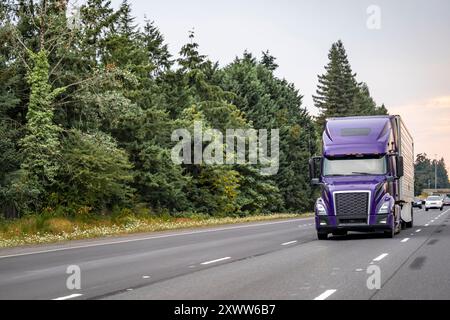 Großer Lkw-Auflieger mit verlängerter Fahrerkabine für den industriellen Langstreckenverkehr, violett, mit verlängerter Fahrerkabine für den Transport von Fracht im Kühlraum, Auflieger, der auf dem läuft Stockfoto
