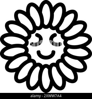 Niedliche, lächelnde Sonne versteckt sich in einer Blume mit geschlossenen Augen, schwarz-weiße Strichzeichnung Stock Vektor