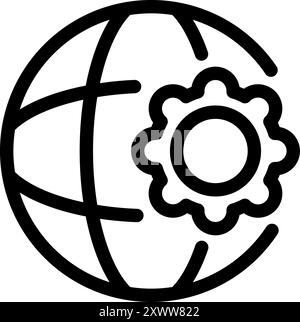 Kühne Line Art Ikone eines Globus mit Ausrüstung, symbolisiert globales Management und internationale Geschäftsabläufe Stock Vektor
