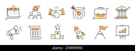 Handgezeichnetes Doodle-Geschäft, Geld-Icon-Set. Finanzen, Startup Marketing Skizze gezeichnet süße trendige Linie Doodle Icon. Geschäftsarbeit, Finanzrakete, Elemente der wirtschaftlichen Wachstumsziele. Vektorabbildung Stock Vektor