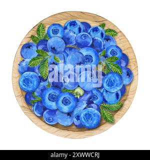 Blaubeeren in einer Schüssel, Aquarell. Reife Beeren auf einem Holzteller auf weißem Hintergrund, Draufsicht. Ernte auf dem Bauernhof, rustikaler Stil, botanische Illustration. Stockfoto