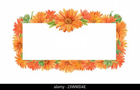 Blumenrahmen in Aquarellfarben. Leuchtend orange Ringelblume für Designeinladungen und Verpackungen. Design-Element für den Sommer. Aquarellabbildung Stockfoto