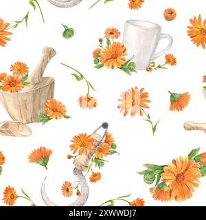 Wunderschönes nahtloses Blumenmuster mit handgemalten Aquarellblumen, Kräutermörtel, Sichel, Tasse. Calendula orange auf weißem Hintergrund. Il Stockfoto