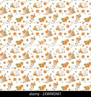 Wunderschönes nahtloses Blumenmuster mit handgemalten Aquarellblumen, Mörtel, Sichel, Tasse. Calendula orange auf weißem Hintergrund. Illustrat Stockfoto