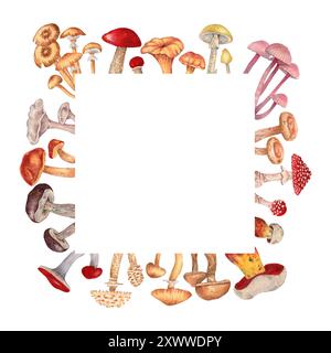 Quadratischer Rahmen aus essbaren und giftigen Pilzen. Aquarell- und Markierungsabbildung. Botanische Waldpflanzen. Handgezeichneter isolierter Hintergrund. Fantastisch Stockfoto