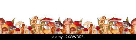 Die Grenze von Speisepilzen mit Blättern. Nahtloses Herbstmuster. Aquarell- und Markierungsabbildung. Horizontales Banner oder Rahmen für den Bauernmarkt Stockfoto