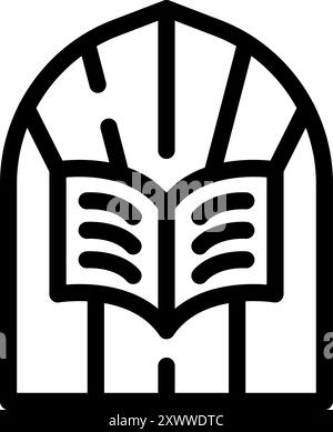 Offenes Buch in einem bogenförmigen Fensterrahmen, das das Streben nach Wissen und die Bedeutung von Bildung symbolisiert Stock Vektor