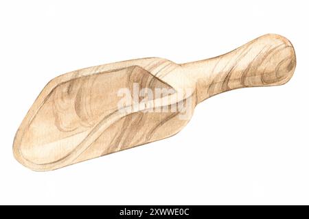 Holzlöffel für Gewürze und Kräuter isoliert auf weißem Hintergrund. Antike Küchenutensilien. Teezubereitungswerkzeug. Holzstruktur in Aquarellfarben. Clipart für den Vater Stockfoto