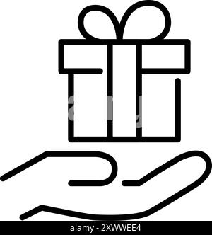 Geschenkbox mit Schleifenband in der Hand. Wohltätigkeits-, handverlesenes Geschenk- oder Pflegesymbol. Pixelperfektes, bearbeitbares Konturvektorsymbol Stock Vektor