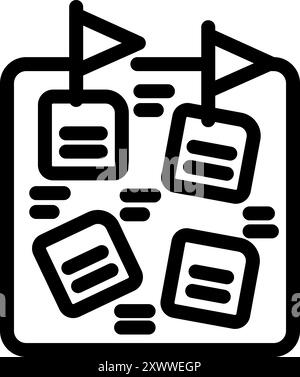 Flexible Methodik, dargestellt durch ein Kanban-Board mit Aufgaben, Flags, die Termine anzeigen, und Linien, die Verbindungen anzeigen Stock Vektor