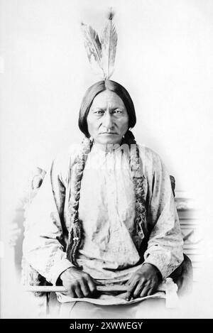 Porträt von Sioux Medizinmann und Häuptling, Sitting Bull (um 1834-1890), mit einem Beil im Jahre 1885. (USA) Stockfoto