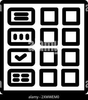 Einfaches schwarz-weißes Symbol eines elektronischen Abstimmungspaneels, das verschiedene Optionen und eine Bestätigungstaste anzeigt Stock Vektor