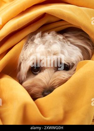 Ein Maltipoo-Hund blickt aus einer gelben Decke hervor, seine Augen leuchten vor Neugier und Behaglichkeit. Dieses charmante Bild fängt das verspielte und liebevolle ein Stockfoto