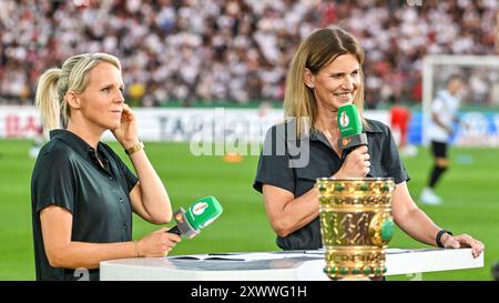 16.08.2024, Donaustadion, Ulm, GER, DFB-Pokal, SSV Ulm 1846 vs FC Bayern M?nchen, im Bild Friederike?Fritzy? Kromp (ZDF), Katrin M?ller/Müller-Hohenstein (ZDF) Foto ? Die nordphoto GmbH/Hafner DFL-Vorschriften verbieten die Verwendung von Fotos als Bildsequenzen und/oder Quasi-Video Stockfoto