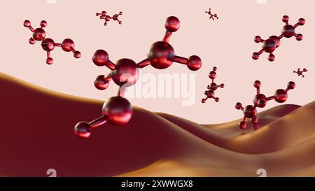 Eine 3D-Darstellung von vibrierender roter Flüssigkeit aus Wein- und Ethanolmolekülen, die frei schweben. Stockfoto