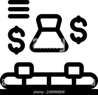 Schwarz-weiß-Symbol eines Förderbandes, das einen Chemikalienkolben transportiert, symbolisiert die Zuweisung von Mitteln für wissenschaftliche Forschung und Entwicklung Stock Vektor