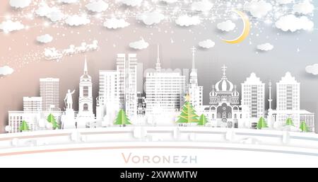 Woronesch Russland. Winter City Skyline im Papierschnitt mit Schneeflocken, Mond- und Neongirlanden. Weihnachts- und Neujahrskonzept. Weihnachtsmann auf Schlitten. Stock Vektor