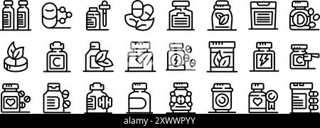 Flaschenvitaminpräparat Symbole gesetzt. Großer Satz von einfachen schwarzen dünnen Linien Icons von verschiedenen Nahrungsergänzungsmitteln, Vitaminen und Mineralien für die menschliche Körpergesundheit Stock Vektor