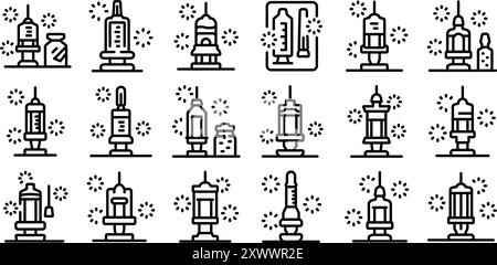 Symbolsatz für Kunststoffspritzen. Linien-Symbole, die Impfspritzen darstellen, feiern Meilensteine der Impfungen mit festlichem Feuerwerk, das die Ausrottung von Krankheiten symbolisiert Stock Vektor