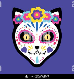 Katzengesicht mit einem hellen Make-up aus Zuckerschädel und Blumenkranz. Katzenkopf-Zuckerschädel. Tag der Toten. Dia de los Muertos. Vektorabbildung Stock Vektor