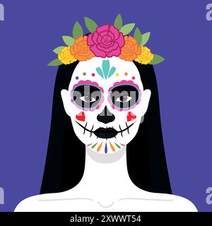 Frau mit einem hellen Make-up aus Zuckerschädel und Blumenkranz. Feierlichkeiten zum Tag der Toten. Dia de los Muertos. Vektorabbildung Stock Vektor