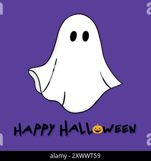 Happy Halloween Grußkarte mit einem einfachen Geist in einem Blatt isoliert auf lila Hintergrund. Vektorabbildung Stock Vektor