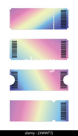 Abstrakte leere Ticket Stubs-Vorlagen auf weißem Hintergrund. Regenbogenfarbene Ticketmodelle in verschiedenen Formen mit Barcode. Vektorabbildung Stock Vektor