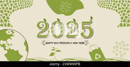 Happy New Year 2025 umweltfreundliches Banner Design klimafreundliches grünes Jahr Stock Vektor