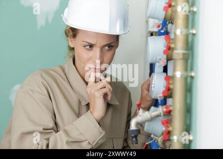 Frau, die den Wasserzähler im Privathaus liest Stockfoto