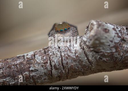 Pfauenspinne, Maratus clupeatus, in seinen Brutfarben. Stockfoto