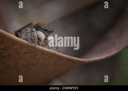 Pfauenspinne, Maratus clupeatus, in seinen Brutfarben. Stockfoto