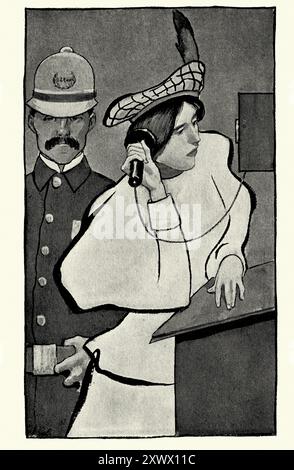 Junge Frau, die von einer Polizeiwache aus telefoniert, nachdem sie verhaftet wurde< New Yorker Polizist hinter ihr, 1890er Jahre, 19. Jahrhundert Stockfoto