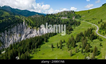 Schweiz, Kanton Waadt: Landschaft des Passes „Col de la Croix“, Straßenpass in den Waadtländer Voralpen, verbindet Villars-sur-Ollon mit Les Diablerets. Die Stockfoto