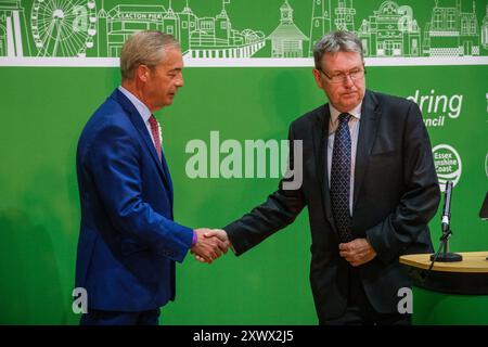 Clacton, UK, 5, Juli 2024 Nigel Farage von Reform UK wird von Jason Bye t: +44 7966 173 930 e: mail@jasonbye.com W: http://www.jasonbye.com zum Gewinner der Clacton Election Photography erklärt Stockfoto