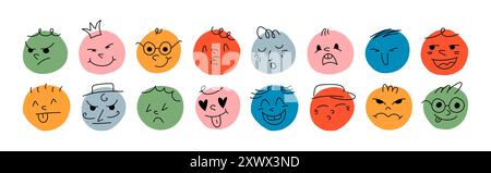 Set aus runden Charakteren mit verschiedenen Gesichts-Emotionen Stock Vektor