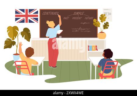 Englischlehrer, der Kindern im Klassenzimmer Grammatik erklärt Stock Vektor