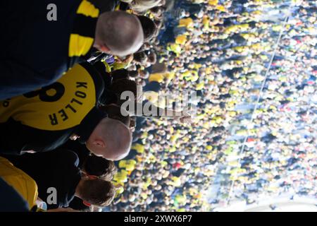 Ein begeisterter Fußballfan zeigt Emotionen in einer lebhaften Menge während eines Spiels von Borussia Dortmund gegen seine Rivalen, das 2011 im Niedersachsenstadion Hannover aufgenommen wurde. Die Szene verkörpert die Leidenschaft und den Geist der Fans in passenden Teamfarben. Stockfoto