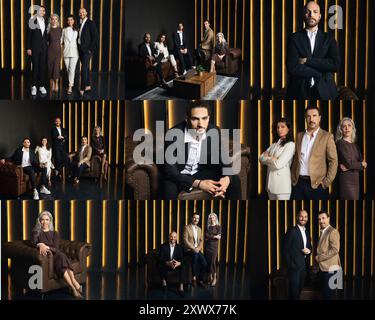 Gruppe von Profis posiert elegant im Studio mit dramatischer Beleuchtung Stockfoto