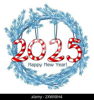 Blauer Kranz Fichte Happy New Year, Bonbons oder Lutscher 2025. Illustration für Kalender, Druck, Aufkleber oder Grußkarte Stock Vektor