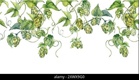 Aquarellfarben nahtloser Rand von Hopfenzapfen auf Weinreben und Blättern isoliert. Humulus Pflanze auf wiederkehrendem Banner handgezeichnet bemalt. Grünhopfen im Botanischen Stockfoto