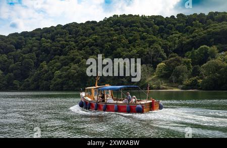 Die Dittisham Ferry fährt die Flussmündung des River Dart in der Nähe von Greenway, Devon, England, Großbritannien. Stockfoto